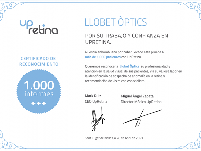 Upretina reconoce a Llobet Optics su profesionalidad y atención a la salud visual de sus pacientes